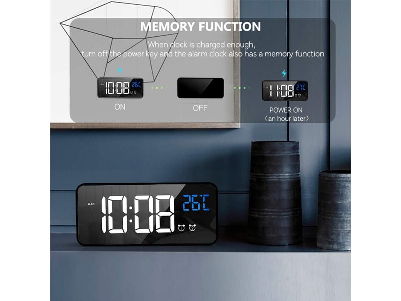  Réveil numérique avec grand affichage de la température led, alarme de miroir portable avec double alarme roupillon temps gradateur(noir)  - Conforama E