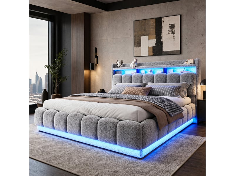  Lit coffre 180×200 cm double avec sommier métallique relevable, led, usb et prise, tissu bouclé gris  - Conforama B