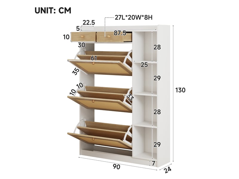  Meuble à chaussures 90x24x130 cm avec 3 abattants, 2 tiroirs blanc et naturel  - Conforama C