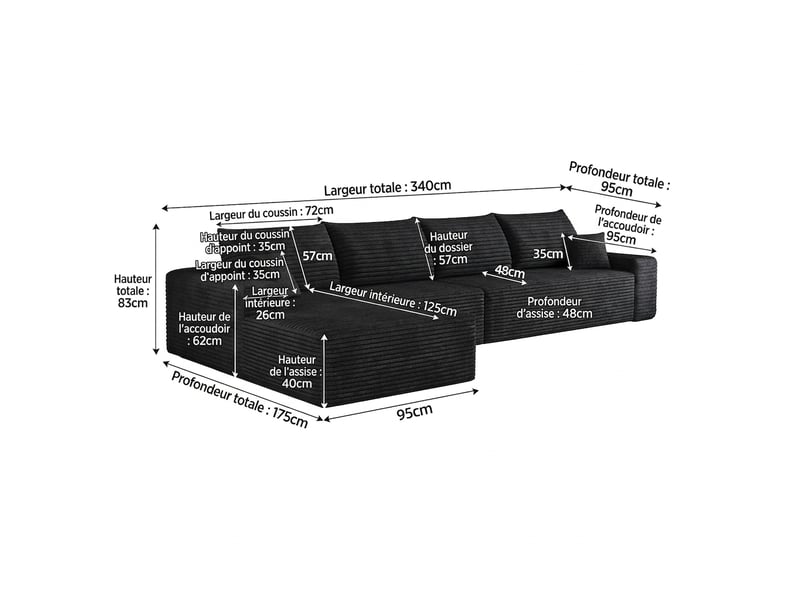 Canapé d'angle modulable noir 4 places velours côtelé avec méridienne en l - 340 cm assise profonde - Conforama C