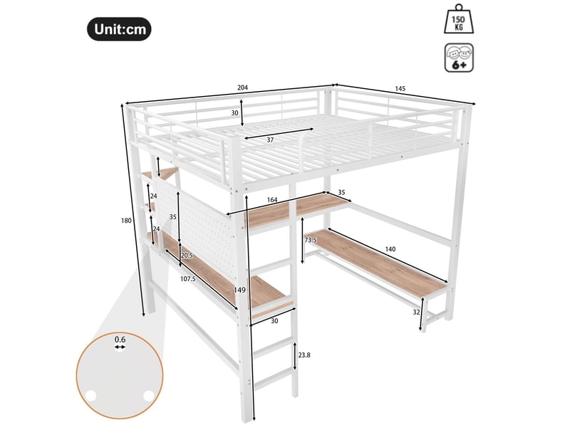  Lit mezzanine avec bureau 140 x 200 cm cadre en fer bureau intégré garde-corps échelle d'accès plusieurs compartiments prise usb-c et usb éclairage led panneau perforé  - Conforama C