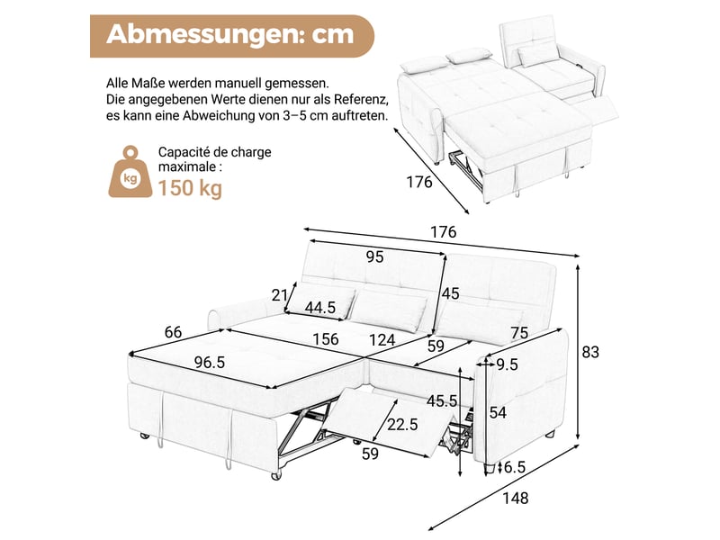  Canapé-lit 3 places 176x148x83 cm - convertible 3 en 1 - dossier réglable 3 positions - fonction couchage - chenille - mousse confortable - beige CozyNest - Conforama C