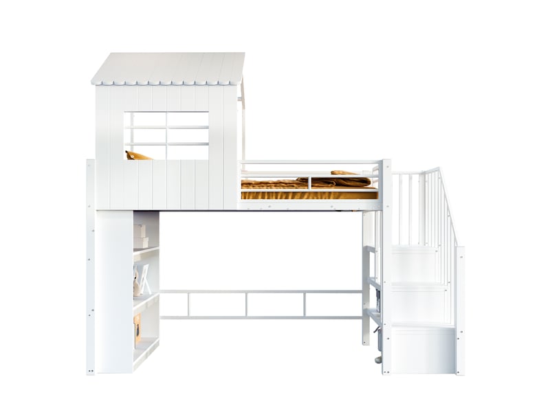  Lit surélevé enfant 90×200 cm blanc, forme maison, barrière haute, échelle réversible et étagères  - Conforama A