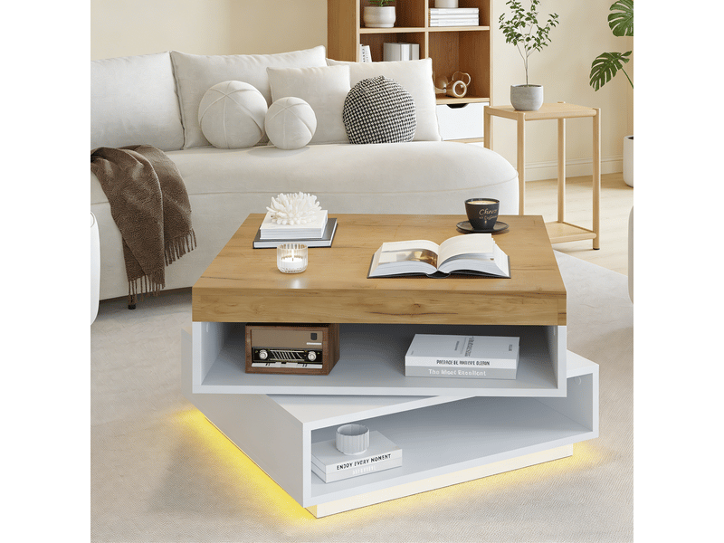  Table basse carrée avec plateau pivotant à 360° et led et espace ouvert pour salon en mdf blanc et chêne 65×65×40 cm - uvrion  - Conforama C