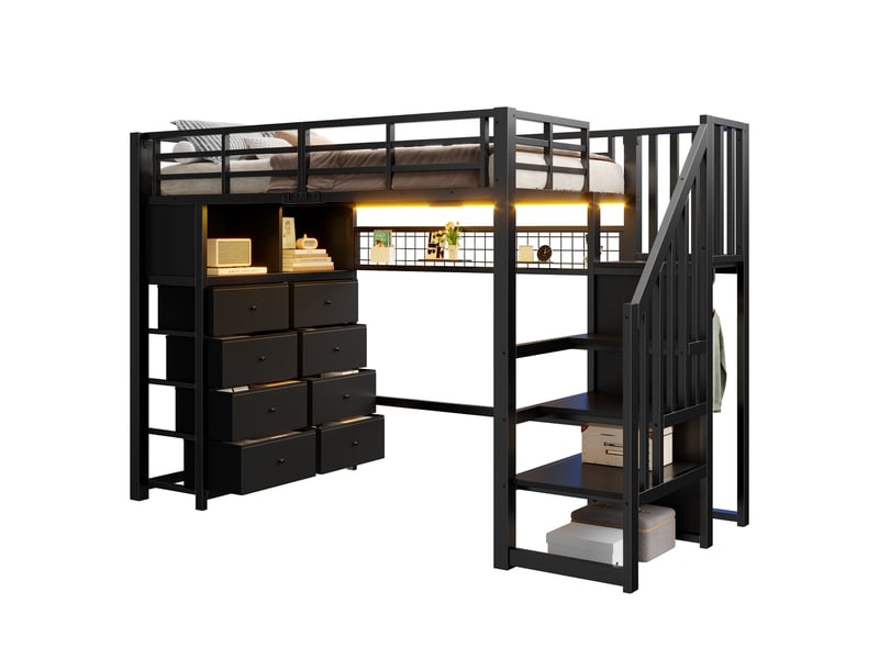 Lit mezzanine enfant 90x200 cm noir avec 8 tiroirs et escalier de rangement - Conforama A