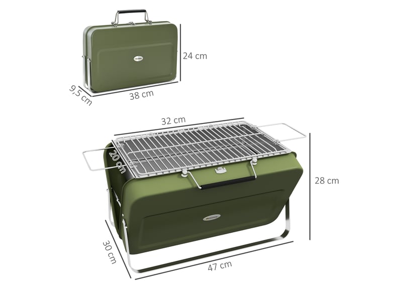  Barbecue portable au charbon de bois, mini barbecue pliable, avec bac à charbon et récupérateur de cendres, boîtier en métal, vert  - Conforama E