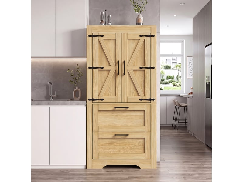  Meuble de rangement 60x30x128 cm, 2 portes, 2 tiroirs, finition bois naturel  - Conforama B