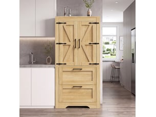Meuble de rangement 60x30x128 cm, 2 portes, 2 tiroirs, finition bois naturel