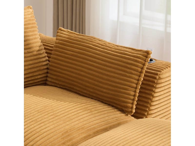 Canapé droit modulable 4 places en velours côtelé orange avec 2 poufs, porte-boisson et poches latérales - Conforama D