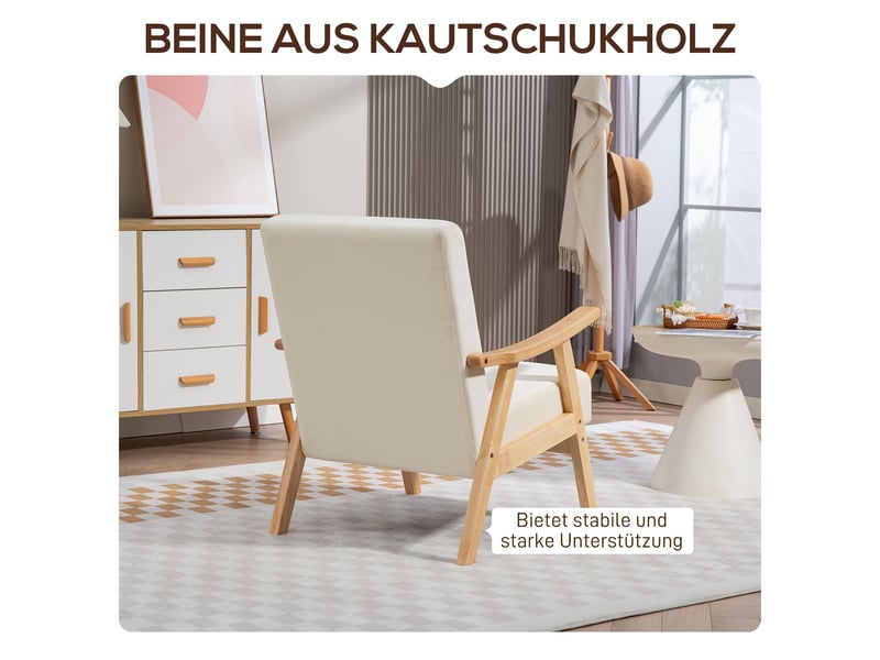  Fauteuil en velours et bois d'hévéa blanc crème 65 x 80 x 83 cm  - Conforama E