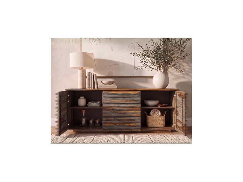  Buffet savana 160 cm en bois massif de sheesham fumé gris – 2 portes, 3 tiroirs et façades sculptées  - Conforama E