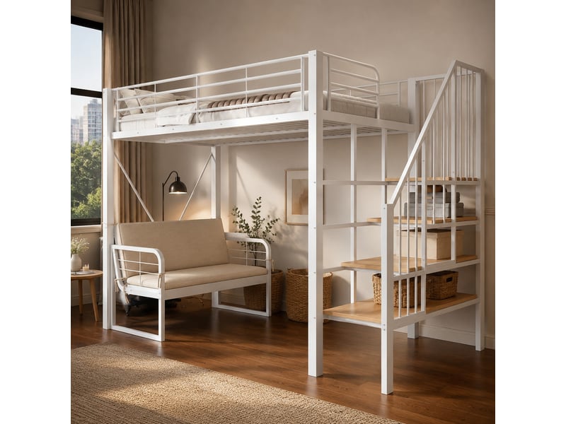  Lit mezzanine en métal, lit simple avec canapé amovible et escalier de rangement, 90×200 cm, sans matelas, blanc  - Conforama C