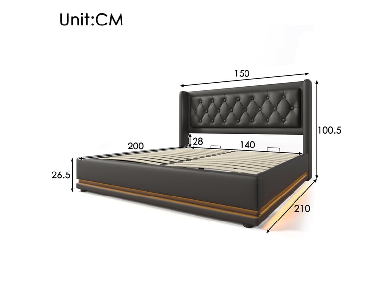  Lit coffre 140 × 200 cm 2 places avec usb, type-c, led et matelas inclus, en pu noir à tête capitonnée  - Conforama D