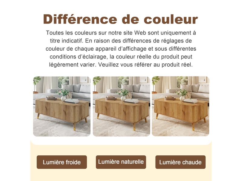 Table basse en mdf et bois 97×52×56,5 cm, avec plateau relevable, coffre de rangement, décor ondulé et pieds inclinés - Conforama D