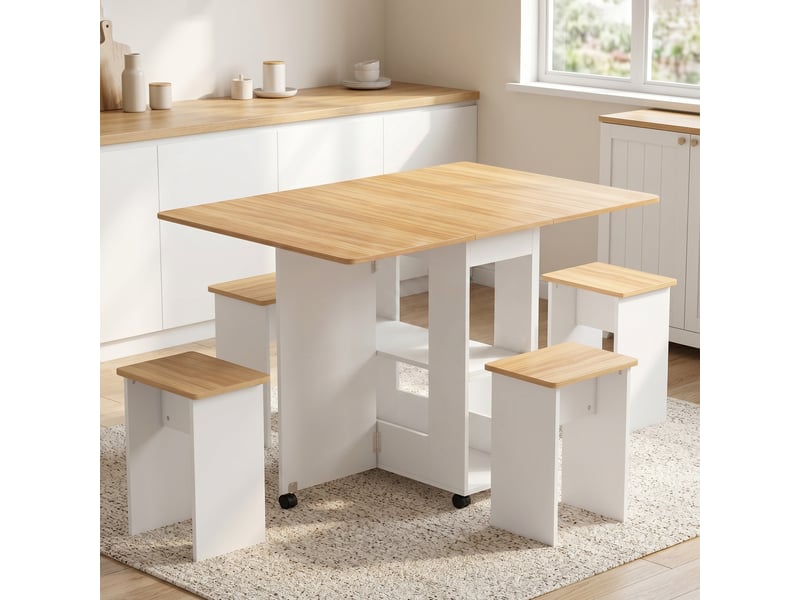  Ensemble table salle à manger pliante avec 4 chaises, roulettes, table de cuisine avec chaises pour 4 personnes, chêne  - Conforama D
