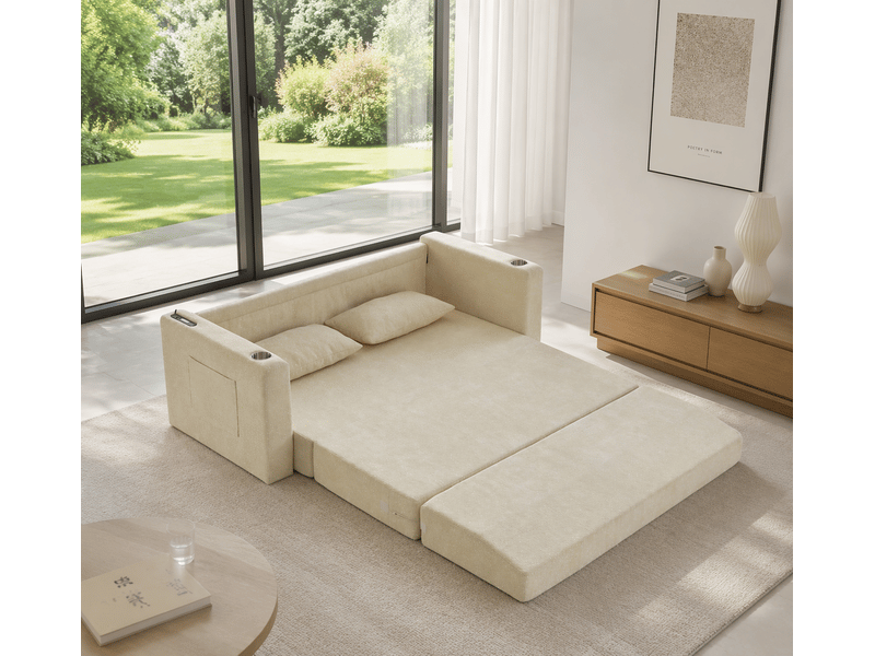 Canapé-lit pliable 2 places au sol en chenille brillante, avec port usb, 2 porte-gobelets, 2 poches latérales et 2 coussins, gain de place - Conforama D