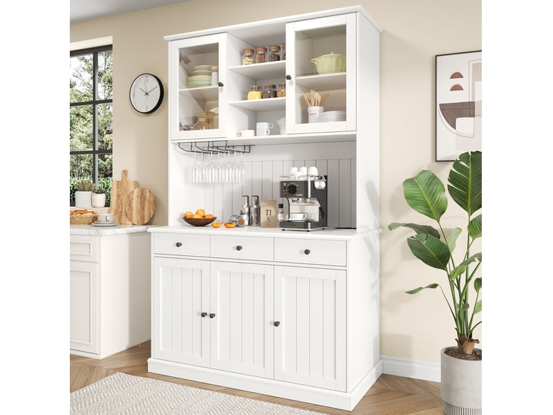  Buffet haut de cuisine avec 2 portes vitrées, tiroir, porte-verres et prises pour séjour, blanc, 120 × 40 × 191 cm  - Conforama B