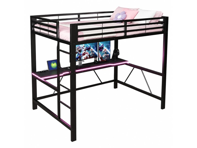 Lit mezzanine double 140×200 cm avec bureau, led et usb - sans matelas, métal et mdf noir - Conforama A
