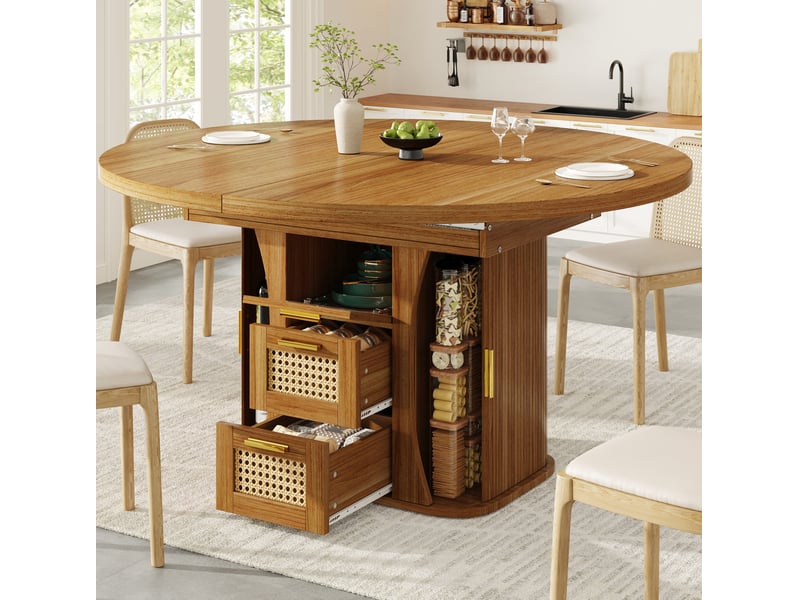 Table extensible avec tiroirs de rangement aspect rotin, structure stable en mdf chêne, pour la salle à manger - Conforama C