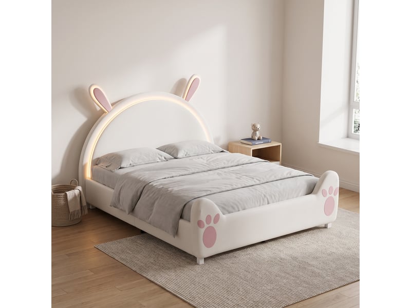  Lit simple 140x200 cm, lit enfant capitonné en velours avec tête de lit en forme de lapin et led, sommier, blanc  - Conforama D