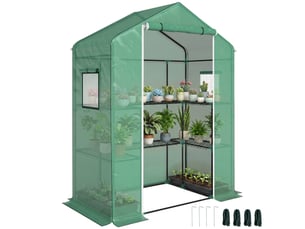 Serre de jardin avec 1 porte, 2 fenetres et 2 étagères en forme de u pour légumes plantes fleurs bâche pe 140x73x190 cm