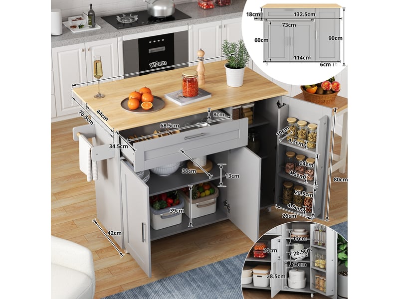  Desserte de cuisine mobile 132,5 x 4470 x 90 cm, plateau rabattable gris mdf  - Conforama C