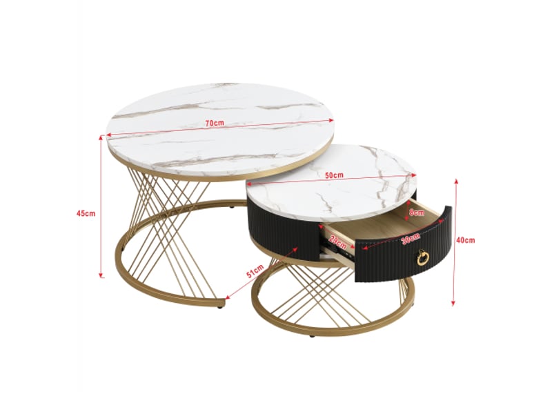  Table basse gigogne 2 pcs en mdf avec 1 tiroir,poignée,éléments en métal doré et aspect marbre,blanc table basse blanc - Conforama C