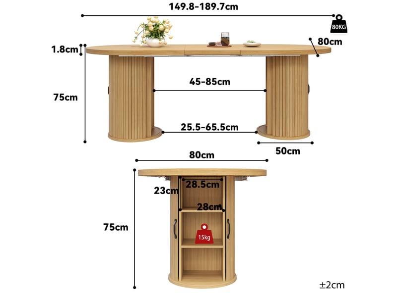  Table à manger extensible,150-190x80x75 cm,avec rangement,mdf,naturel  - Conforama C