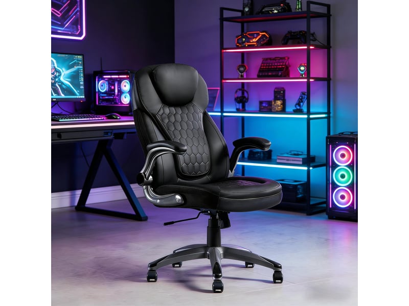  Chaise de bureau ergonomique avec dossier haut, accoudoirs pliables et fonction bascule, revêtement pu et maille, noir, supporte jusqu'à 150 kg  - Conforama B
