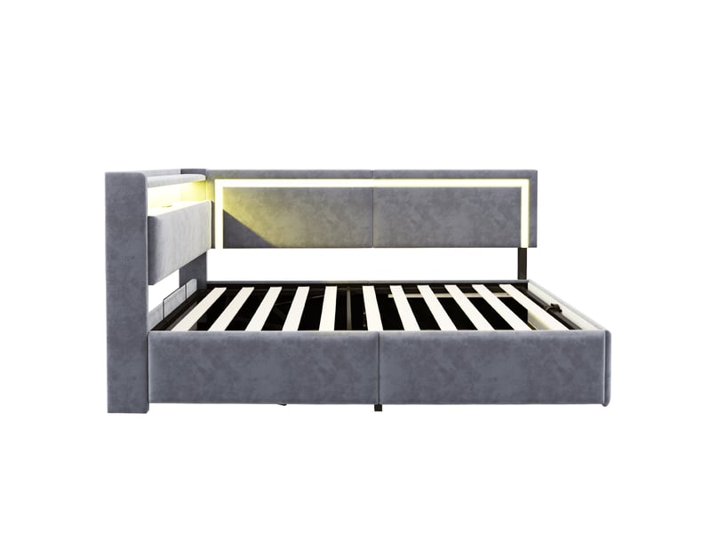  Lit canapé velours gris clair 90x200 cm avec led, usb et rangement hydraulique  - Conforama A