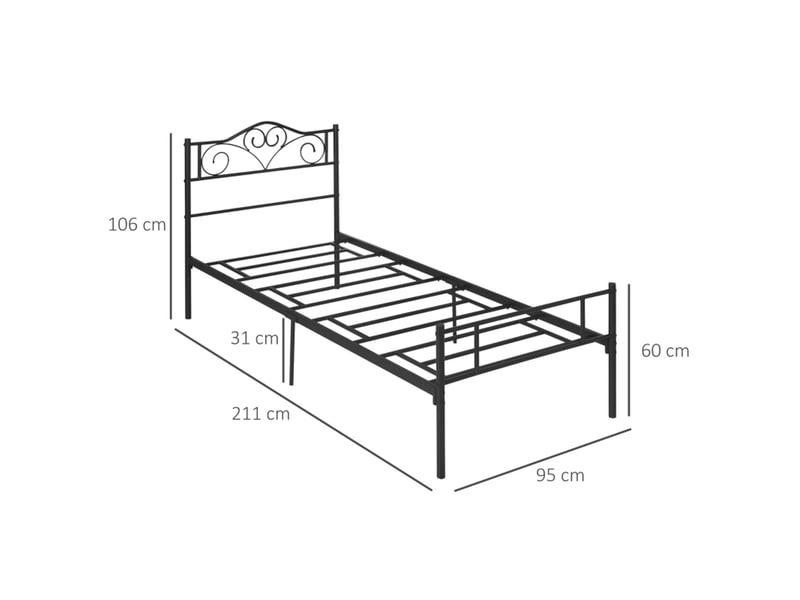  Lit simple 90 x 200 cm 31 cm cadre de lit tête et pied de lit acier noir  - Conforama C