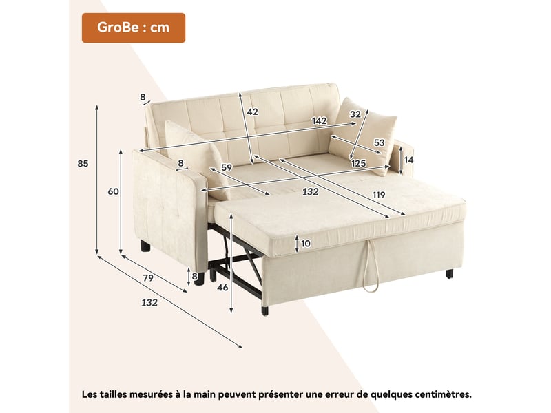 Canapé convertible clic-clac 2 places 142 x 79 x 85 cm, dossier réglable 2 positions, tissu chenille, beige  - Conforama C