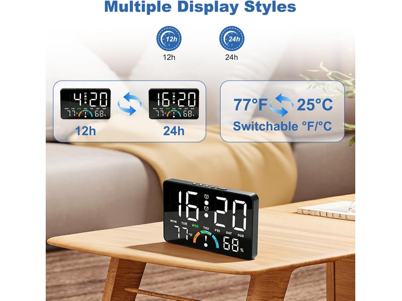 Réveil numérique led-horloge digitale de chevet avec 2 alarmes,contrôle sonore,port de charge usb,température et humidité-réveil luminosité réglable - Conforama D