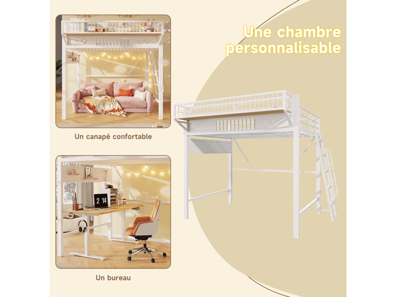  Lit mezzanine double 140×200 cm avec rangements - okmyhome- escalier réversible, sans matelas, métal blanc  - Conforama E