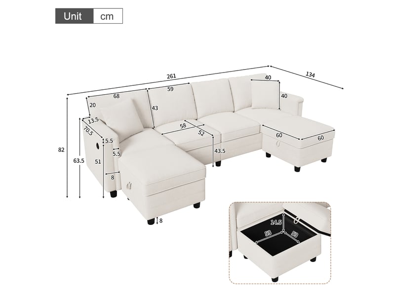  Canapé modulable tcqpz 261 x 134 x 82 cm convertible en l ou u avec 2 poufs de rangement chenille beige  - Conforama C