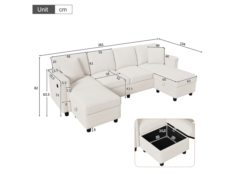  Canapé modulable tcqpz 261 x 134 x 82 cm convertible en l ou u avec 2 poufs de rangement chenille beige  - Conforama C