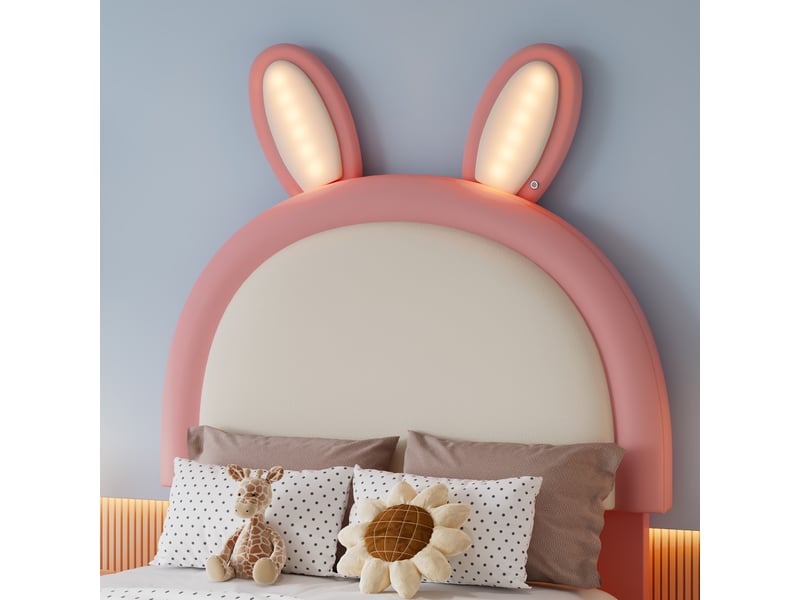  Lit enfant 90 × 200 cm 1 place avec led et bord antichoc, sans matelas, en pu rose et blanc  - Conforama E