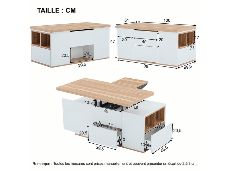  Table basse muvano table basse relevable multifonction coloris blanc et bois naturel dimensions 100x51x47 cm  - Conforama E