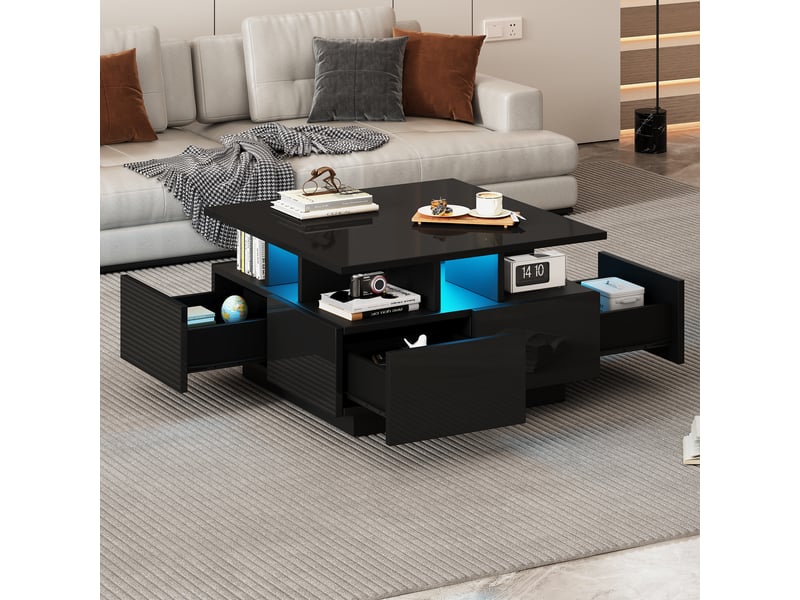 Table basse carrée noir avec 4 tiroirs - 70x70 cm led panneau de particules table basse noir - Conforama B