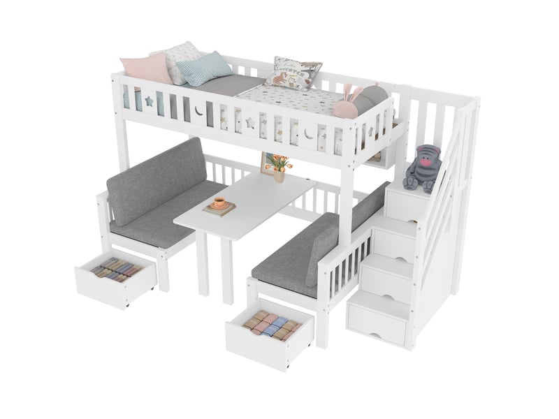  Lit mezzanine 90 x 200 cm - avec bureau intégré et lit supplémentaire, échelle de rangement - pin et mdf - sans matelas - blanc  - Conforama A