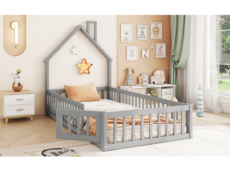 Lit cabane enfant 90x200 cm en pin gris, style minimaliste, forme cheminée, sommier à lattes - Conforama B