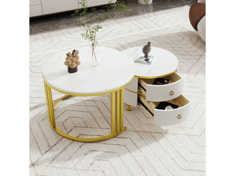 Tables basses gigognes avec 2 tiroirs pour salon en mdf 70×70×46 et 50×50×40 cm blanc et or - Conforama B