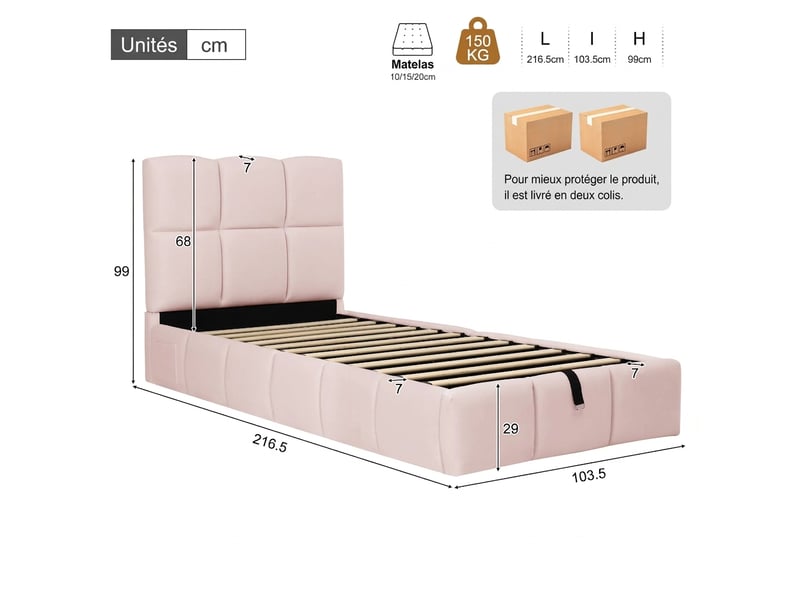  Lit enfant 90x200 velours rose - lit coffre hydraulique avec port usb et tête de lit capitonnée  - Conforama C