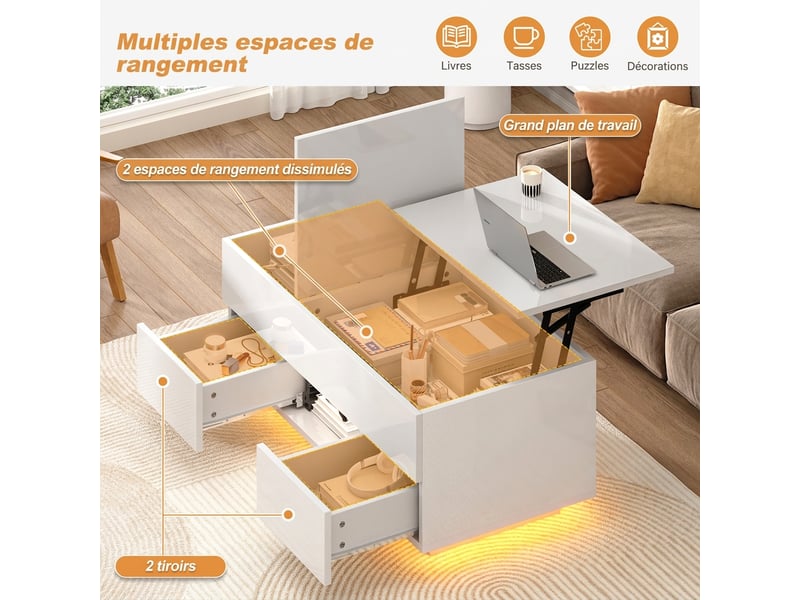  Table basse relevable avec éclairage led 100x45x43cm - table de salon blanche haute brillance rangement caché  - Conforama R