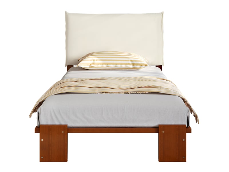  Lit simple 90x200 cm tête de lit rembourrée, lattes stables en pin coloris marron foncé  - Conforama A