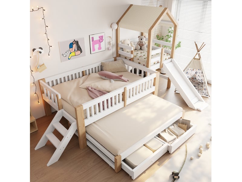  Lit superposé 90 × 200 cm et 90 × 190 cm, toboggan, escalier et 2 tiroirs, sans matelas, bois massif blanc naturel  - Conforama C