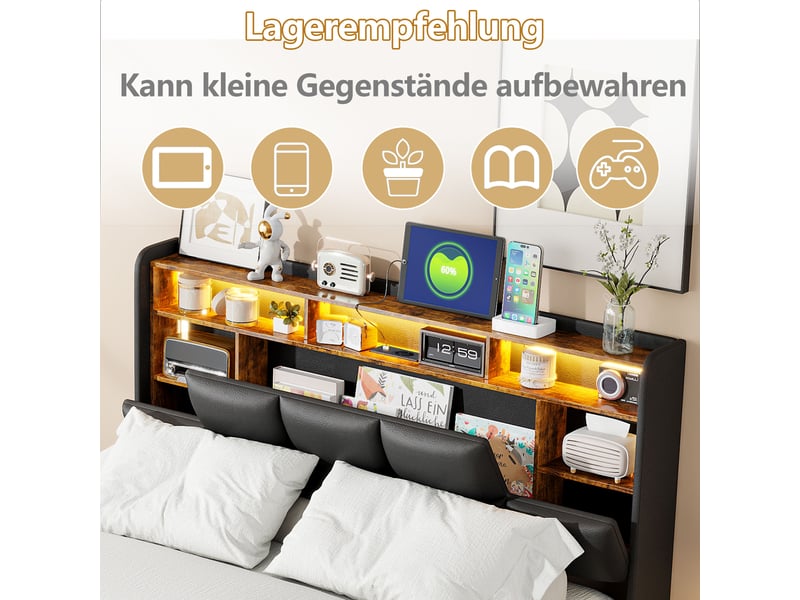  Lit coffre 140x200 cm avec led et usb,lit adulte, hydraulique,  cadre de lit 140x200 cm, lit double , noir, pu  - Conforama R