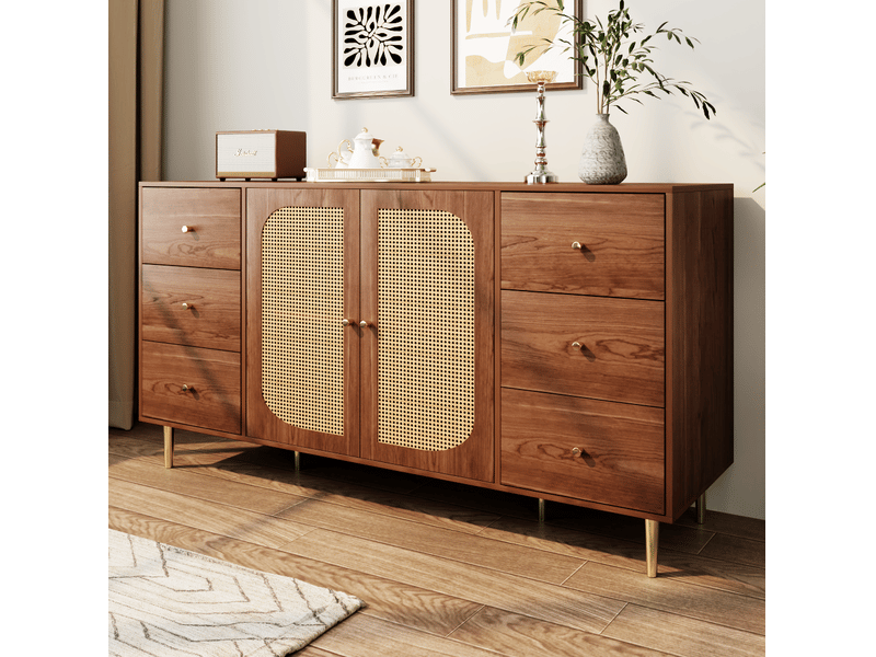  Buffet 160x40x90cm, meuble de rangement, 6 tiroirs, 2 portes battantes en rotin, poignées, 6 pieds, mdf, brun  - Conforama D
