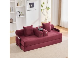 Canapé modulaire avec poche latérale, 3 coussins et cadre métallique en velours côtelé rouge lie-de-vin, 200 × 94 × 67 cm