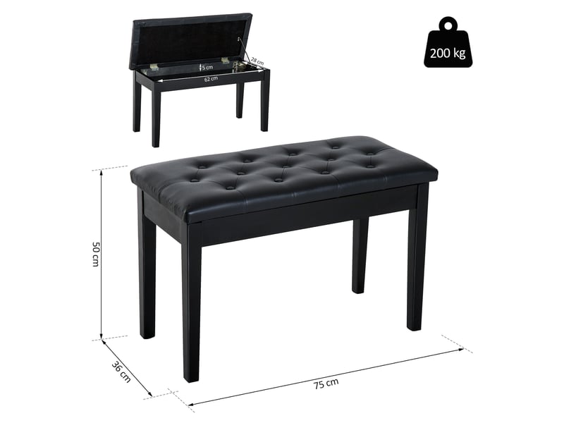  Banquette tabouret siège pour piano avec coffre de rangement pied bois caoutchouc assise capitonnée noir  - Conforama C